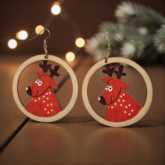 Round Wood Reindeer Christmas Earrings – Lightweight Holiday Jewelry 2.3" x 3.2" - Picture 2 of 6